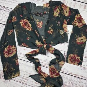 MOD Floral Wrap Top Womens Small Green New Sheer Chiffon Long‎ Sleeve Cropped